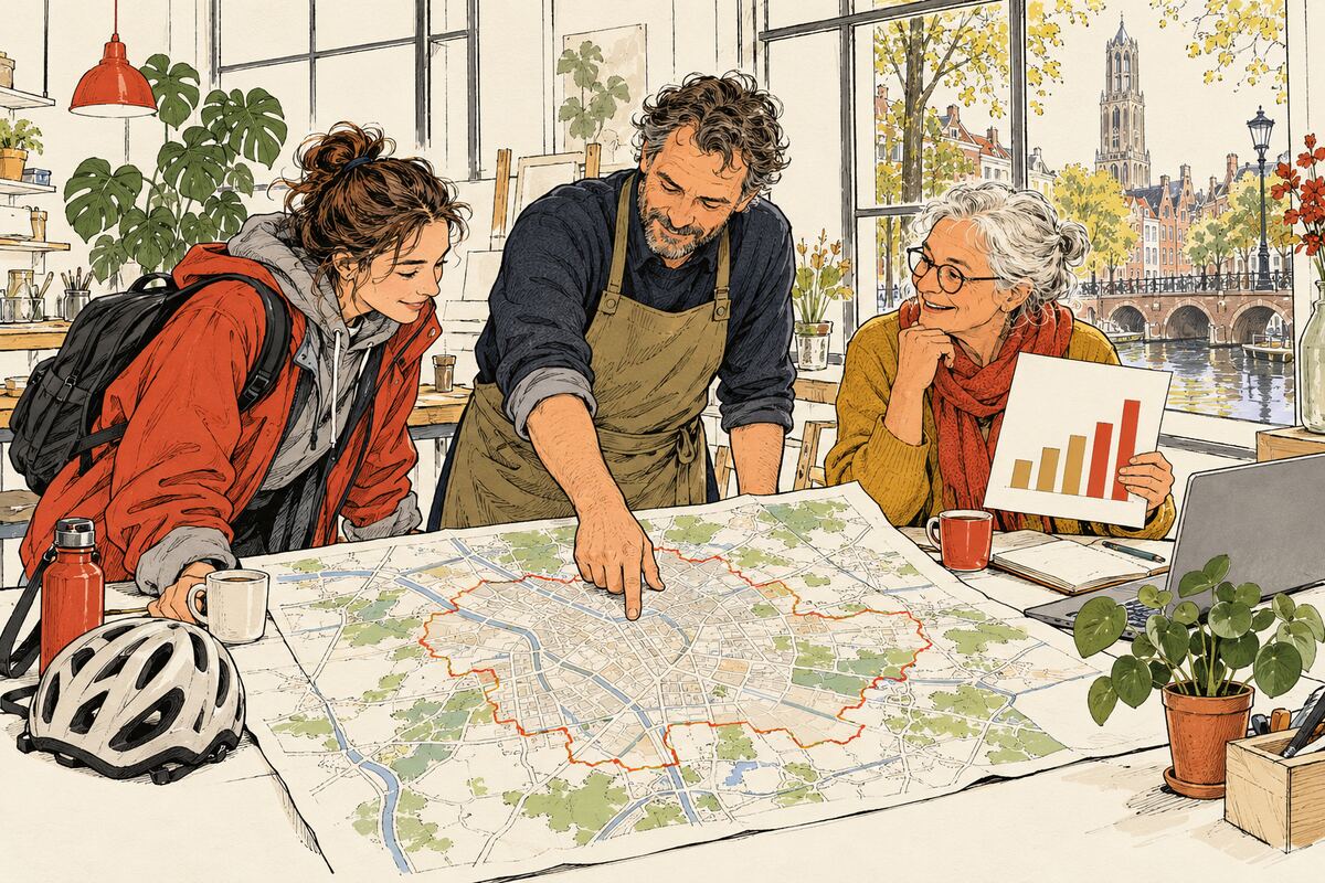 Illustratie van Utrecht met startende ondernemers en een cijferblad