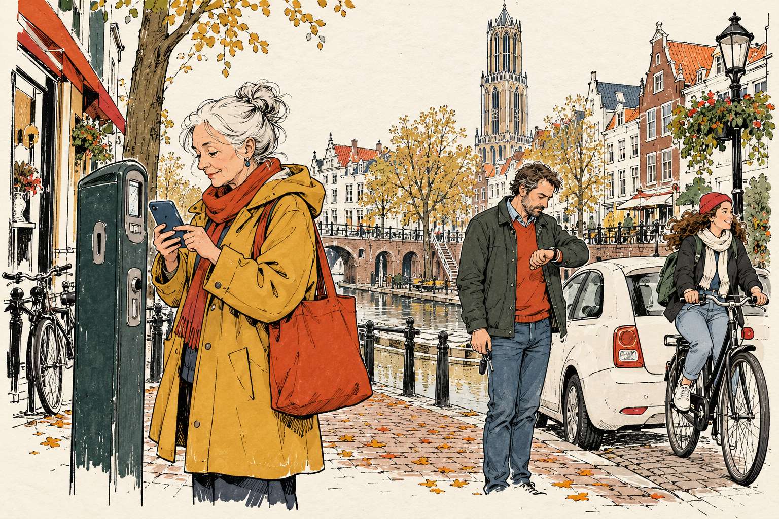 Illustratie: bezoeker rekent parkeerkosten uit bij een parkeerautomaat aan een Utrechtse gracht, met de Domtoren op de achtergrond